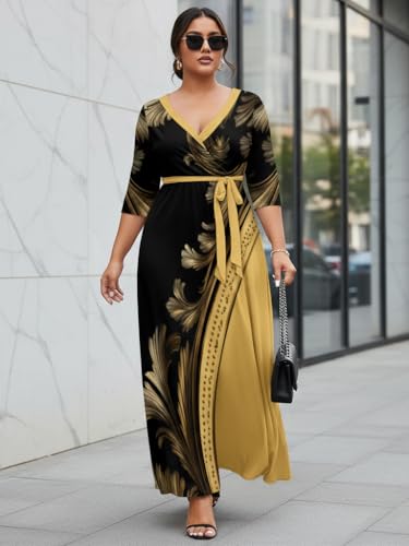Image of Plus Size Dresses for Women Print Maxi Dresses 3 /4 Sleeve with Belt