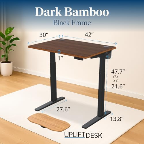 Image of UPLIFT DESK Dark Bamboo (42 x 30 inch) Standing Desk 2-Leg V3 Adjustable Stand Up C-Frame (Black), Advanced Keypad, Wire Grommets, Wire Tray, Rocker Board