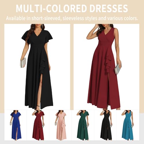 Women's Black Long Formal Dresses Cocktail Wedding Guest Dress Ruffle Split Elegant V Neck Party Gowns3