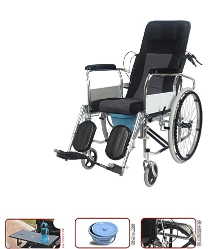 車椅子折りたたみライト高齢者トイレ付き多機能専用高齢者小型障害者手押しスクーター (電着油圧式フルリクライニング+(肘掛け・足置き取り外し可)+アルミリング無垢ホイール+便座+分娩台)