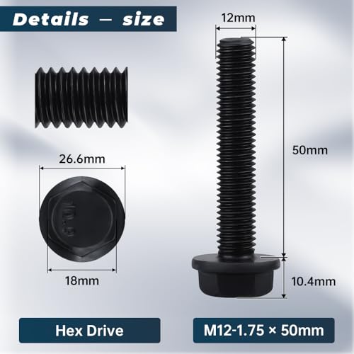 Image of Glvaner M12-1.75 x 50mm (6 pcs) Alloy Steel Flanged Washer Head Hex Bolts, Extra-Large Washer Head, 10.9 Grade Black Oxide Finish GB5789 Full Thread