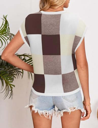 Image of ZESICA Women's Summer Trendy Knit Top 2026 Floral Print Short Sleeve Crewneck Loose Fit Sweater Vest Going Out Clothes