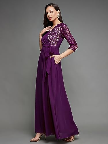 Image of Miss Chase Women's V-Neck Three-Quarter Sleeve Self-Designed Wrap Maxi Georgette Dress