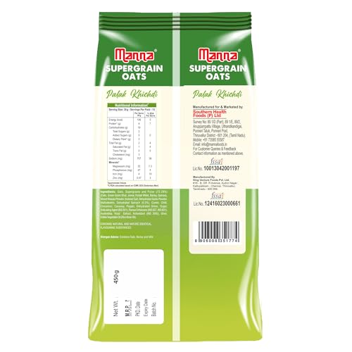 Image of Manna Masala Oats 450g, Palak Kichidi, Rich in Protein and Fibre, No palm oil, color or preservatives.