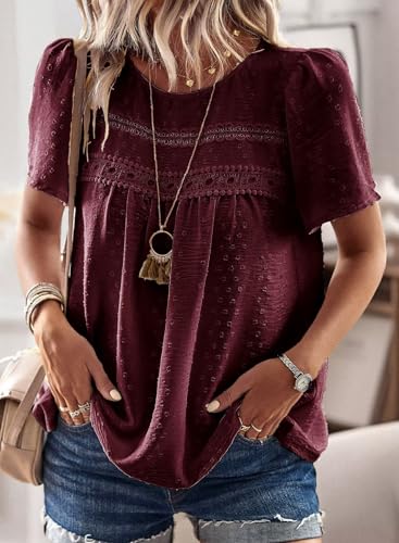 Image of Falechay Womens Summer Tops Crewneck Short Sleeve Shirts Casual Chiffon Blouses Flowy Lace Hem Boho Clothing Trendy 2026