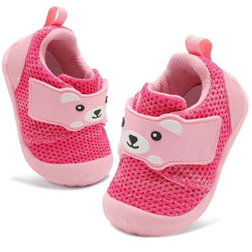 FEETCITY Baby Shoes Baby Barefoot Shoes Girls Boys Infant First Walking Shoe Wide Infant Sneakers Breathable Lightweight 0-6 Months Rose Red