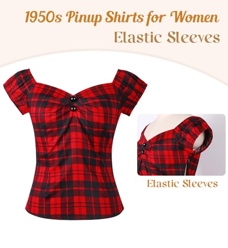 Image of YARN & INK Women's Rockabilly Tops 1950s Pinup Shirt Casual Off Shoulder Vintage Blouse