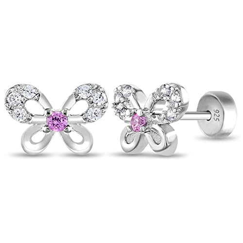 925 Sterling Silver Pink and Clear CZ Butterfly Safety Stud Earrings For Baby Girls- Dazzling Push Back Earrings For Infants, Toddlers, Little Girls & Teens- Safe For Kids With Sensitive Ears