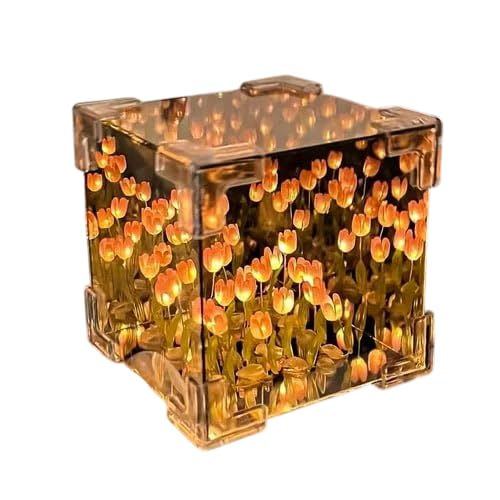 DIY Tulip Cube Mirror Lamp ? 30 LED Flowers, 2-in-1 Mirror & Table Ornament, Decorative Lamp for Bedroom, Living Room, Desktop, Perfect Birthday GIF.