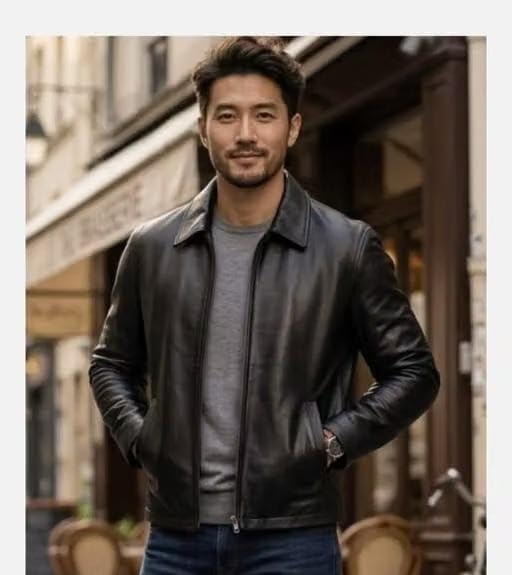 Image of Men's Classic Faux /Leather Jacket, Full Zip Casual Outwear with Shirt Collar and Zipped Pockets J-3
