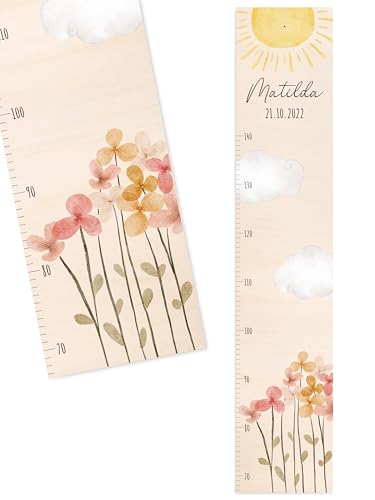 Bärenfreunde - Personalisierte Messlatte Kind Holz zum Kleben oder Aufhängen - Skala 70-140cm - Süße Dekoration für Baby- & Kleinkinderzimmer (Kinder 70-140cm Blumen und Sonne)