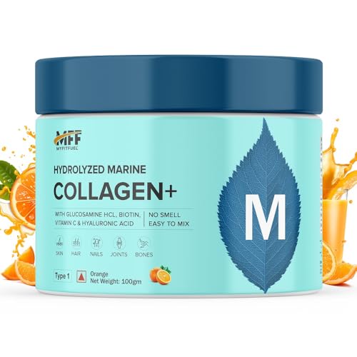 Image of MyFitFuel Hydrolyzed Beauty Marine Collagen Peptides (100gm, Orange) with Biotin, Hyaluronic Acid, Zinc, Vitamin C & Glucosamine | For Skin, Hair, Nails & Joints