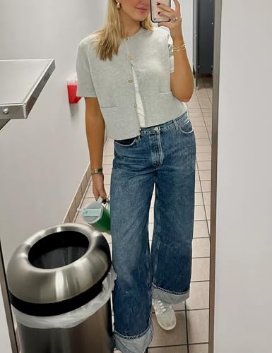 Womens Knit Cardigan Sweaters Fall Fashion Short Sleeve Button Down Cropped Coat Jacket with Pocket2