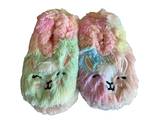 Fuzzy Babba Girls Slipper Socks Multicolor Cotton Candy Llama Style ~ Shoe size 11-2.5 ~ Sweet Llama Face Rainbow colors.