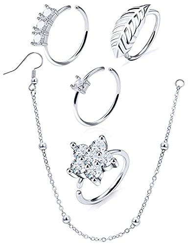 Nose Rings Hoop Chain Septum Ring CZ Diamonds Surgical Stainless Steel Nose to Ear Ring Body Jewelry, Rose Gold and Silver Tone