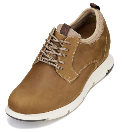 Image of CALTO Men's Invisible Height Increasing Elevator Shoes - Tan Brown Lace-up Premium Leather Casual Derby - 3.3 Inches Taller - J1200 - Size 10.5 D(M) US