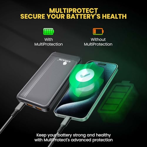 Image of Kratos PowerBank 10000 mAh 22.5W Fast Charging, 3 Output - Dual USB & Type C Output, USB Type C Connector,PD, BIS Certified, Made in India, Power Bank Compatible for Smartphones &Tablets, Black