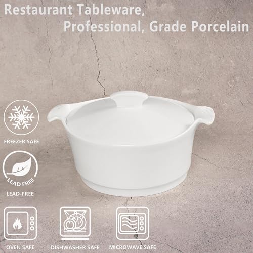 8.9" Ceramic Casserole Dish with Lids, 2.2 Quart White French Soup Tureen Bakeware Set with Handle 11 IN, Chip and Crack Resistant Baking Dish, Microwave Dishwasher Oven Fridge Safe