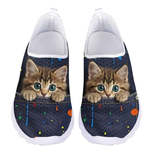 QOPECUOY Denim Theme Walking Shoes for Women Cute Cat Running Shoes Lightweight Slip-on Mesh Sneakers Womens Soft Tennis Shoe Animal Cat Print Loafers for Ladies Flat ShoeSize 37EU