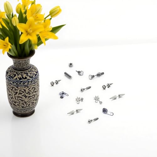 5 Pairs Punk Style Stainless Steel Black Tone Geometric Triangle Rivet Surgical Huggie Hoop Earrings Screw Nail Stud Earrings Gift for Men Women Teen2