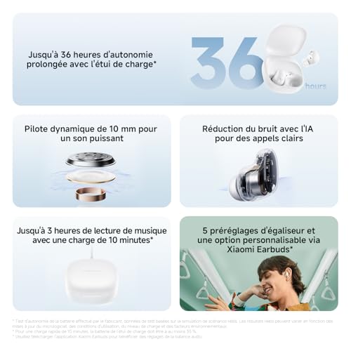 XIAOMI Redmi Buds 6 Play–Casque sans Fil Bluetooth,ecouteurs Bluetooth,Conducteurs 10 mm,5 Modes EQ, Jusqu'à 7.5h+36h Autonomie de la Batterie,10min de Charge fournit 3h de Lecture Musicale,IPX4,Noir – Image 3