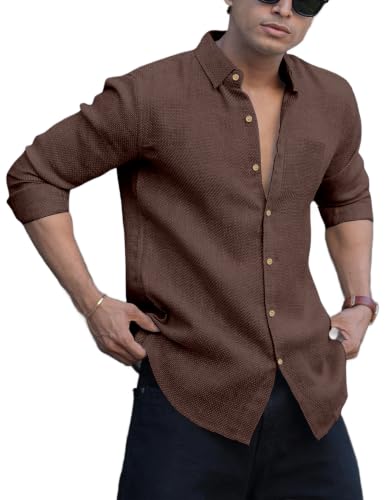 Image of NexaFlair Men's Shirt Regular Fit Solid Pattern Linen Cotton with Long Sleeve Collared Neck Standard Length and Button Down Closure Type | Mens Casual Shirts | Man's Formal Shirts