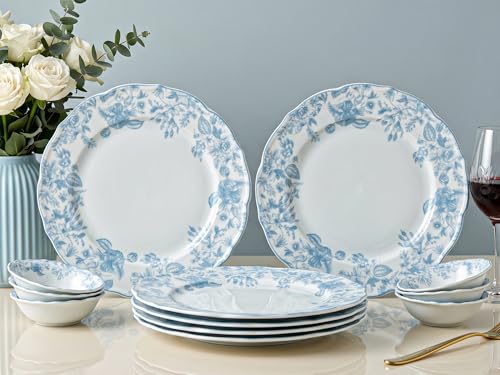 Image of Bodhi House Porcelain Dinner Set 12 Pieces - Blue Leaf White Dinnerware Set | 6 Dinner Plates, 6 Katori Bowls | Premium Crockery Set for Dining, Kitchen & Gifting
