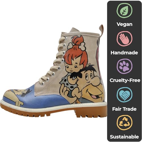 Image of DOGO Long Boots for Women - Family Rocks Flintstones, Size 9 | Vegan Leather and Unique Design Womens Winter Boots, Comfortable and Stylish Womens Boot