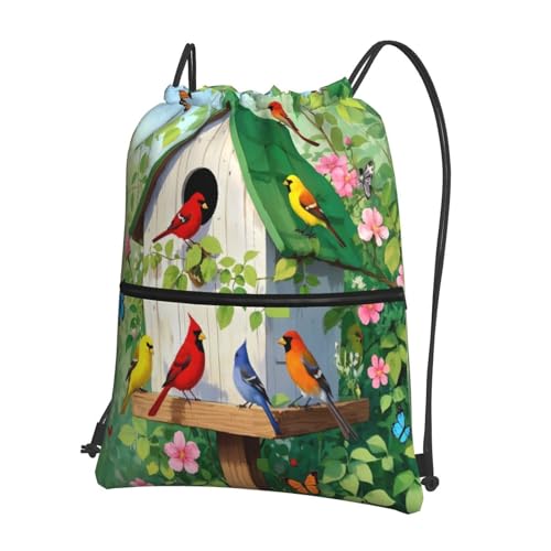 Artistic Birdhouse With Birds On Green Gym Drawstring Bags Water-Resistant String Bag Beach Backpack For Team Work2