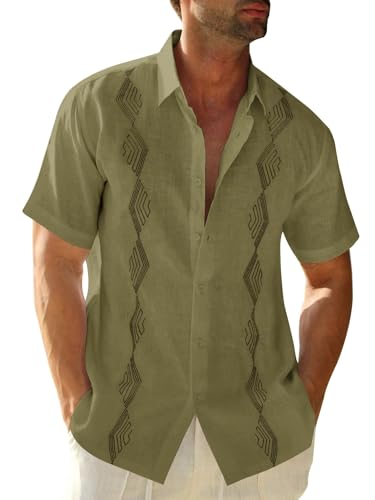 Runcati Camisa de verano de manga corta para hombre Guayabera mexicana camisas vacaciones playa camisa de lino con estampado, verde militar, S