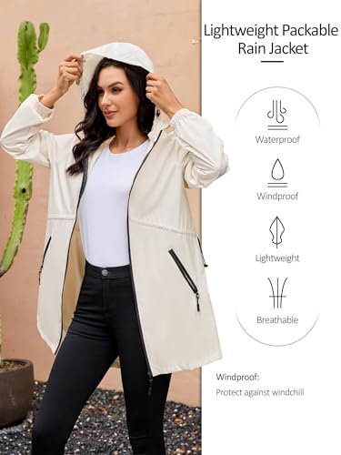 PITINAN Women's Raincoats Packable Long Rain Jacket Women Waterproof Raincoat For Women With Hood Lightweight Trench Coats Windbreaker Travel Jacket Beige XL