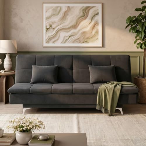 Image of Velum 3 Seater Sofa for Living Room & Office | Premium Fabric Upholstery | Solid Wood Frame | Comfortable Seating | 3 Years Warranty (Dark Grey, Sofa Cum Bed)
