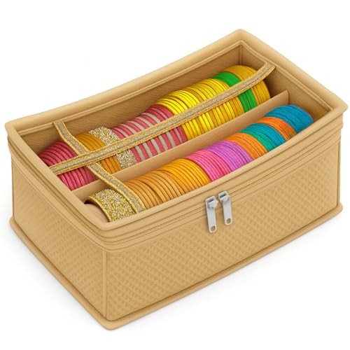 Image of 2 Rod Bangle Storage Box for Women | Hardboard Removable Chudi Organizer with Transparent Top | Jewellery & Watch Holder Case for Home & Travel - Beige (Pack of 1)