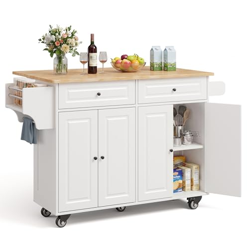 Xbro Îlot de Cuisine Mobile 145x75x90 cm sur roulettes, Chariot avec Tiroirs et Armoires, Plan de Travail en Bois, Meuble de Rangement pour Espace Restreint...