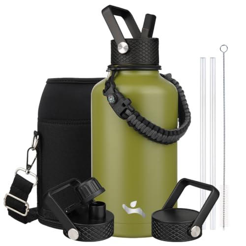Image of Konokyo Half Gallon Insulated Water Bottle with Straw,64 oz 3 Lids Water Jug with Carrying Bag,Paracord Handle,Double Wall Vacuum Stainless Steel Metal Flask,Forest Green