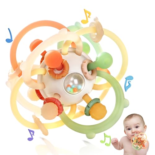Image of Baby Sensory Teething Toys, Baby Montessori Teether Toys for 0 3 6 9 12 18 Months, Silicone Tummy Time Toy with Rattle Ball for Newborn Infant, Learning Delopmental Gift for Boys Girls, Brown