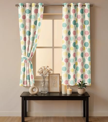 Image of Ultimate Trends Room Darkening Digital Printed Floral Geomatrical Prints Curtain 65-70% Opacity,Diamond Eyelets, Tie Back, Floral Geomatrical, 9 FEET Pack of 1,Ivory with Teal