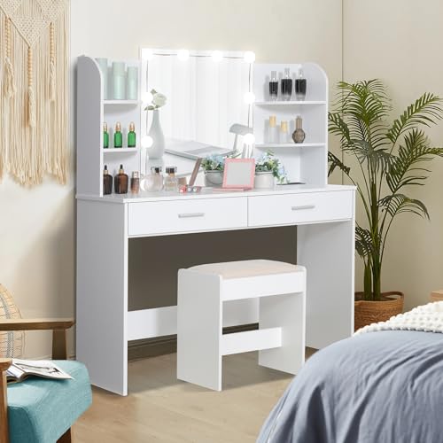 usikey Makeup Vanity with Mirror and 10 LED Lights, Vanity Makeup Table Set with 2 Drawers and Open Shelves, Makeup Vanity Desk Dressing Table with Cushioned Stool, White