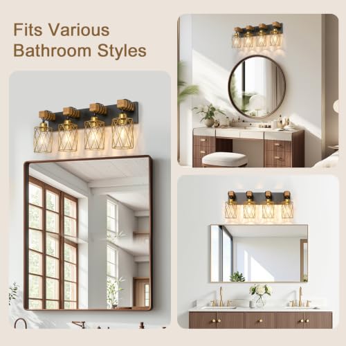 Image of IZORRO Farmhouse Bathroom Vanity Light, 4-Light Wood Bathroom Light Fixtures Over Mirror, Black and Gold Industrial Vanity Lights with Metal Shade, Rustic Restroom Lighting Fixtures