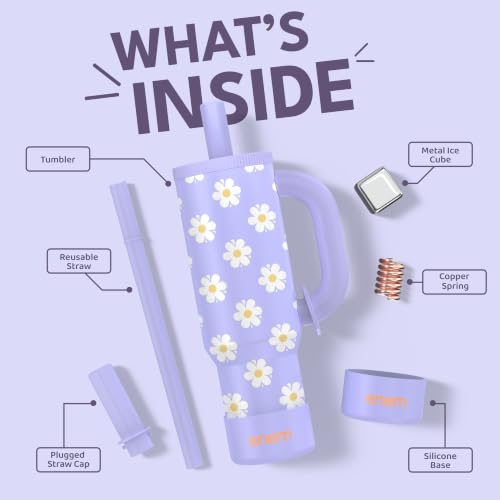 Image of enem Lilac Bloom Plugged Straw Tumbler with Handle, Stainless Steel Large Travel Mug Water Cup, Mug Travel with 1 Metal Ice Cube, 1 Copper Spring (Tamba) & Base Protector, 1.2L