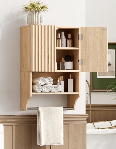 Zeibospri 3-Tier Fluted Bathroom Wall Cabinet with Towel Bar, 2 Doors Small Hanging Medicine Cabinet with Adjustable Shelf, Over The Toilet Storage Organizer, for Laundry Room, Kitchen, Oak