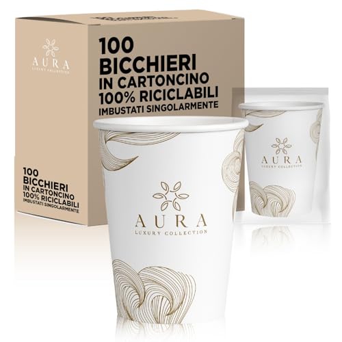 AURA LUXURY COLLECTION Bicchieri in cartoncino imbustati singolarmente monouso bianchi riciclabili per hotel e b&b 210 ml (100)