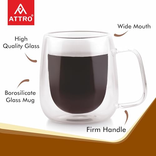 Image of ATTRO Glassox Duo Coffee Mug Double Wall - 250ml, Heat Resistant Borosilicate Glass, Ideal for Hot & Cold Beverages, Tea, Latte, Espresso