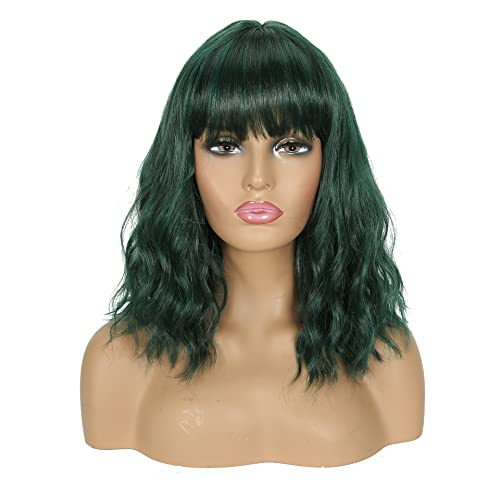 star soucre wigs 14 Inch Green Wavy Bob Wig With Bangs, Short Curly Costume Wig for Party Cosplay, Soft Heat Resistant Synthetic Hair