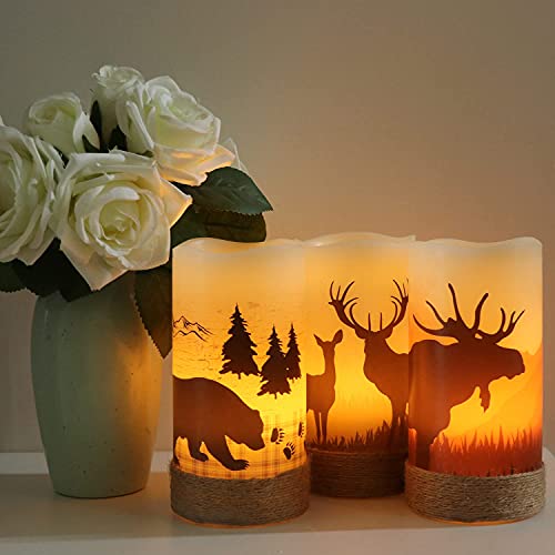 Image of Eldnacele Flameless Flickering Candles Deer, Moose, Bear Decal with Hemp Rope and 6H Timer, Battery Operated LED Pillar Candles Real Wax Home Decor Christmas and Gift Set of 3