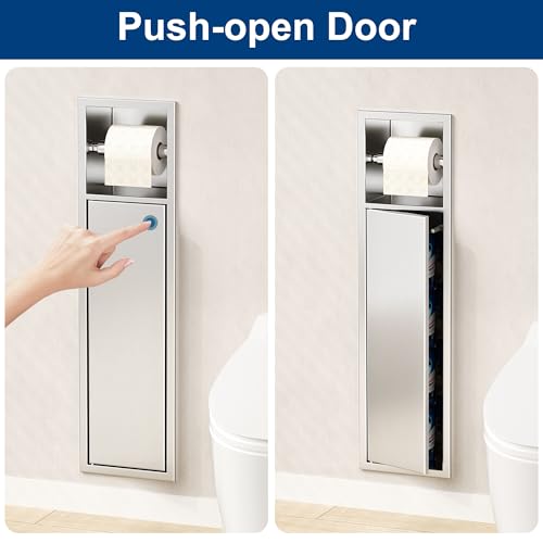 Qeke Recessed Toilet Paper Holder, SUS304 Stainless Steel Rustproof Recessed Toilet Paper Holder with Storage Cabinet, in Wall Tissue Paper Holder for Bathroom, Brushed Nickel, 4.7" Depth