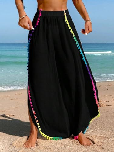 ZAFUL Bathing Suit Cover Up for Women High Waisted Side Slit Beach Pants with Colorful Pom Pom Trim4