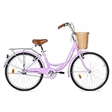 Max4out Beach Cruiser Bike for Adult, Womens Bicycle with Rattan Front Basket, 24 Inch Comfort Bikes with Adjustable Seat and Dual V-Brake (Purple)