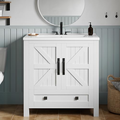 YITAHOME 30 Inch Farmhouse Bathroom Vanity with Sink, Small Space Bathroom Storage Cabinet with Large Drawer, 2 Wood Barn Doors with Built-in Door Rac