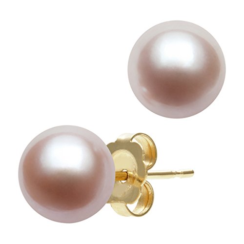 Belacqua AAA Quality Pink Cultured Freshwater Button Pearl Stud Earriings in 14K Yellow Gold, Size - 5.5-10.5mm, Push Back - Clasp, Real Pearl Jewelry for Women, Gift Box Included